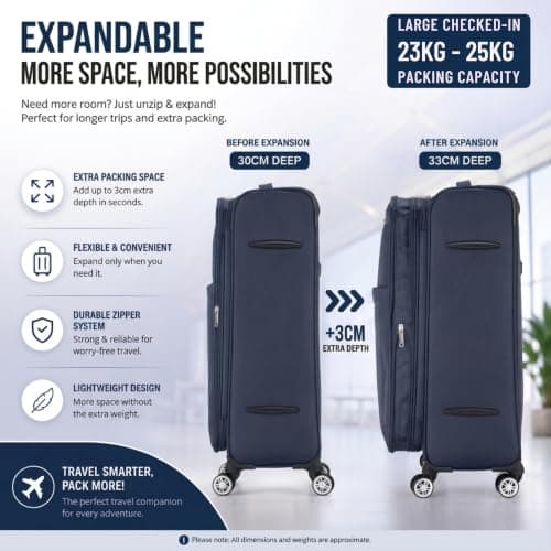 DK Luggage Ultra Lightweight Only 3.3kg Large 28 Inch Soft Shell Suitcase, 4 Wheel Spinner Checked Luggage 23kg–25kg Capacity, Expandable Travel Case (WLS Navy, Large) — view 4