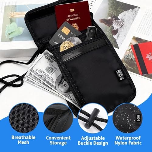 Quelcc Travel Neck Wallet with RFID Blocking, Black Travel Wallet with Adjustable Neck Strap, Travel Document Holder Organiser Bag for Women and Men — view 4