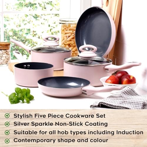 Cermalon Blush Pink 5-Piece Ceramic Cookware Set - Includes 2X Frying Pans and 3X Saucepans with Grey Sparkle Ceramic Non-Stick Coating - Compatible for All Types of Hobs - PTFE and PFOA Free — view 4