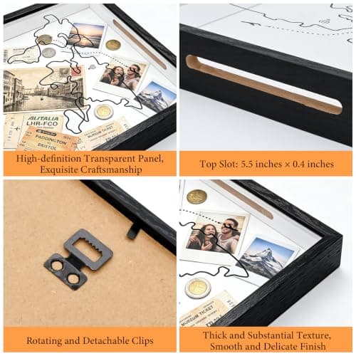 Adventure Archive Box, Ticket Shadow Box – Wooden Travel Memory Display Frame with Front Slot for Tickets, Cards & Photos, Gift for Travellers & Keepsake Storage (Black, 20x20 CM) — view 4