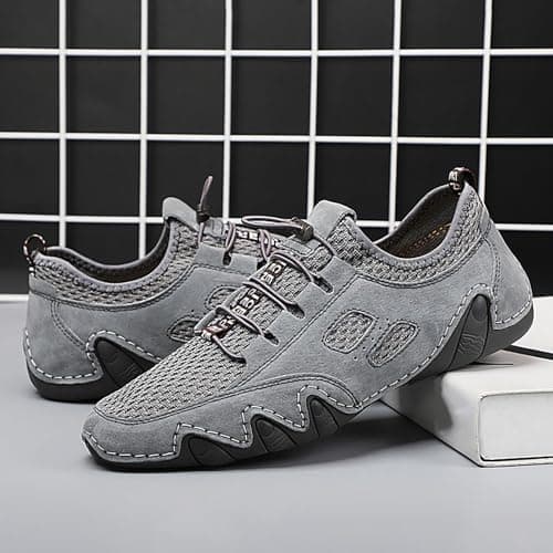 Casual Breathable Mesh Leather Sneakers for Men Walking Running Comfortable Slip On Shoes Spring Summer Autumn Daily Travel Beach, gray, 7 UK — view 3