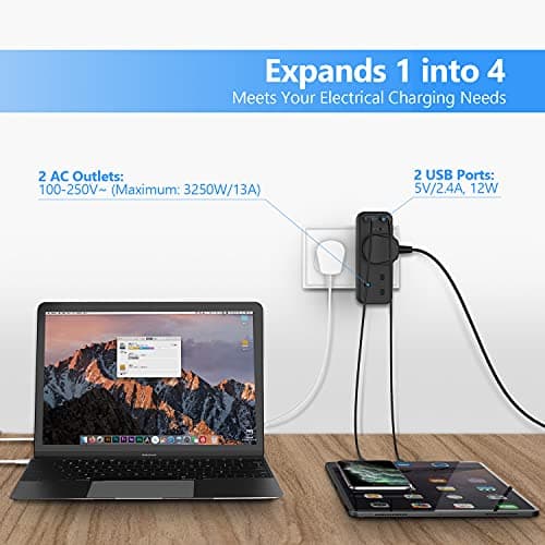 JSVER Double Plug Adapter with 2 USB Charging ports,Multi Sockets Plugs Extension Wall Charger Adapter 13A Power Socket for Travel, Home and Office, Black — view 2
