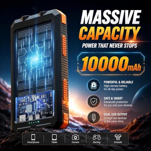 Solar Power Bank 10000mAh, Portable Solar Charger, Portable Charger USB C Fast Charging Outdoor with Flashlight 2 Output Ports for Smartphones Tablets and More — view 2