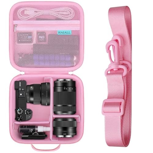 RAIALL Camera Case for Sony Alpha a6000/a6100/a6400/a6700/ Sony Alpha 7 II III IV/7R V Mirrorless Digital Camera and Lens, Vlogging Camera Hard Travel Bag with a Shoulder Strap and 3 Dividers, Pink