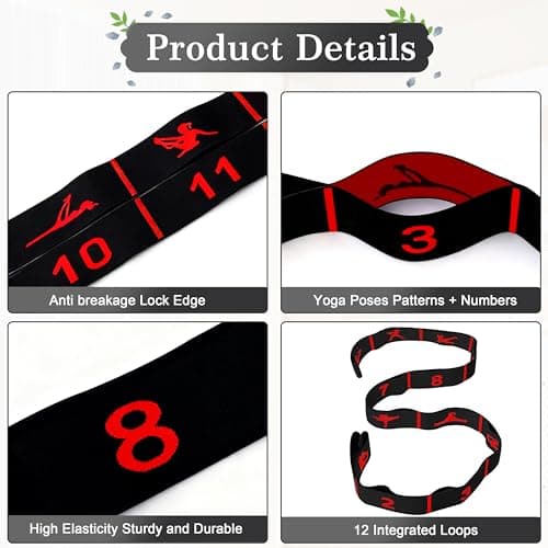 Resistance Bands, Long Fabric Stretch Strap Elastic Yoga Stretching Strap Multi-Loop for Physical Therapy, Pilates, Yoga, Dance & Gymnastics Exercise and Flexible Pilates 12 Loops (Black red) — view 6