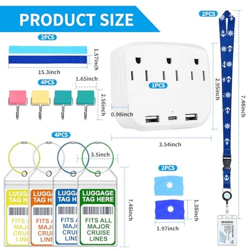 15 Pcs Cruise Essentials Accessories Kit Must Haves Set Include Non-Surge Power Strip, Retractable Cruise Lanyards for Ship Card, Luggage Tags Holder, Towel Bands, Anti Nausea Wristband, Magnetic Hook — view 2