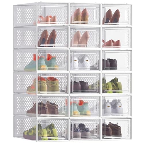 SONGMICS Shoe Boxes, Pack of 18 Stackable Shoe Storage Organisers, Foldable and Versatile for Sneakers, Fit up to UK Size 8, Cloud White LSP18SWT