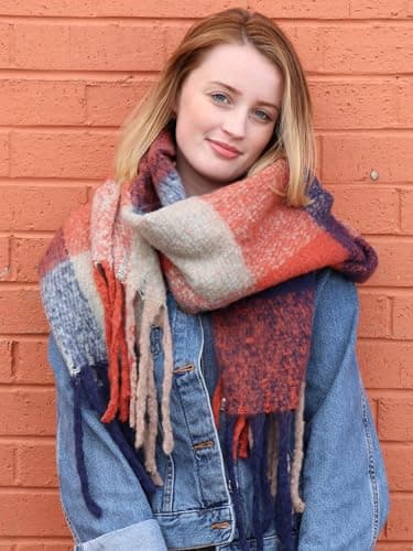 Style Slice Oversized Tartan Blanket Scarf, Navy Blue Orange — view 3