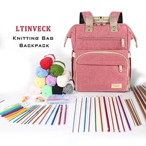 Knitting Bag Backpack, Yarn Storage Organizer Travel Crochet Bag with USB Charging Port, Large Capacity Tote Bag Yarn Holder Case for Carrying Projects, Knitting Needles, Crochet Hooks - Pink — view 3