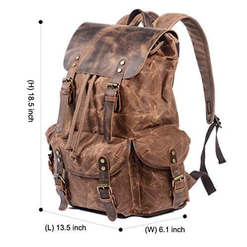 WUDON Leather Backpack for Men, Waxed Canvas Shoulder Rucksack Carry-On Travel Backpack, Coffee, L, Travel Backpacks — view 2