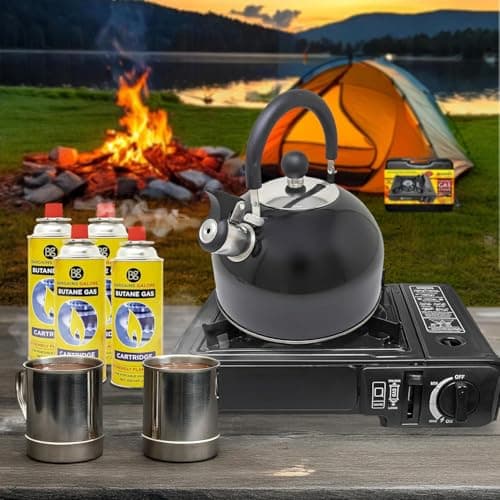 3 In 1 Camping Starter Kit - Includes Gas Stove, 4 Gas Bottles & 2.5L Kettle | Premium Burner, Automatic Ignition & Heat Control | Suitable for Fishing, Camping & Hiking | Lightweight, Essentials — view 2
