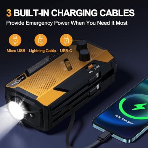 Wind Up Solar Radio, 7400mWh (2000mAh) Solar Powered Radio Emergency Hand Crank Radio with 3 Built-in Cables, Battery Operated, SOS Alarm & Flashlight, Emergency wind up torch for Hurricane, Emergency — view 3