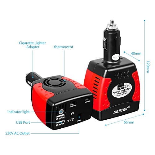 BESTEK 150W Power Inverter Car Laptop Charger DC 12V to AC 230V 240V Converter Adapter with 3-Pin Plug and Dual USB Ports — view 2