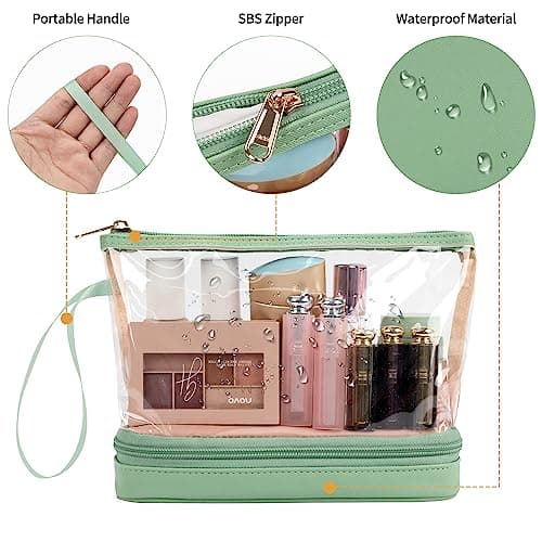 Clear Makeup Bag with Brushes Compartment Travel Toiletry Bag Green — view 5