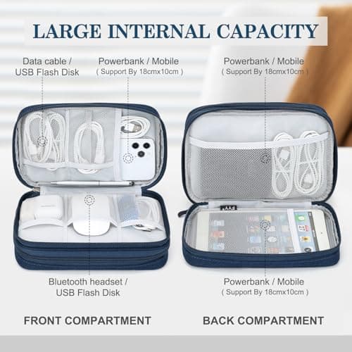 FYY Travel Cable Organiser, Electronics Accessories Bag, Waterproof Tech Storage Pouch, 2-Layer Universal Carry Case for Charger, Power Bank, Hard Drive Large-Navy Blue — view 3
