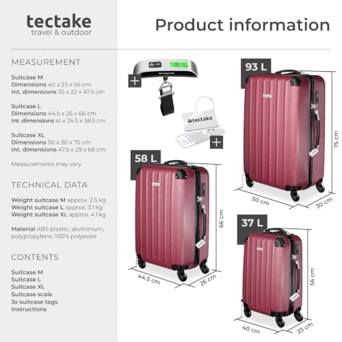 tectake® 3-Piece Hard Shell Suitcase Set in Durable & Shock-Resistant ABS with 3-Step, Telescopic Handles, Combination Locks, Smooth 360° Wheels, Luggage Scale & Tags, Dividable Interiors - Burgundy — view 6