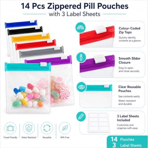 14 Pcs Reusable Zip Seal Pill Bags for Travel, Small Storage Pouches | Small Slide Lock Bags for Pills Vitamins and Jewellery, Waterproof Clear EVA Medication Pouches, Zippered Pill Pouch Set — view 3