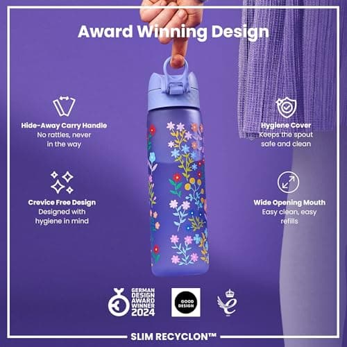 Ion8 Water Bottle, 500ml/18oz, Slim Leak Proof & BPA-Free Drinking Bottle, Secure Lock Prevents Spills, Dishwasher Safe, Carry Handle, Ideal for Adults & Kids - Travel, Gym & School, Ditsy Floral — view 6