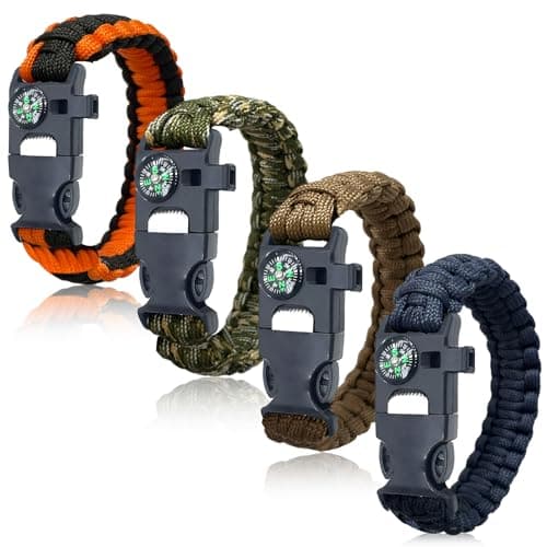 BOSOIRSOU Survival Bracelets 4-Pack | 5-in-1 Paracord Bracelet Set with Fire Starter, Compass & Whistle | Emergency Outdoor Gear for Camping, Hiking