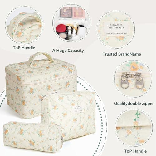3Pcs Coquette Makeup Bag, Large Capacity Quilted Cosmetic Bag, Toiletry Set — view 3