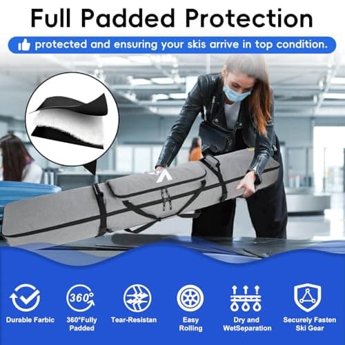 Kioqiear Rolling Ski Bag with Wheels for Air Travel,Padded Double Ski Bag to Hold 2 Pairs of Skis up to 175 or 190 cm. (Grey, 175cm) — view 2