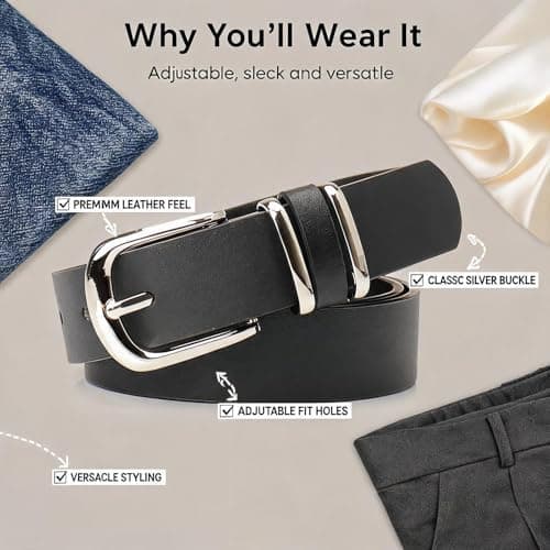 JILLICK PU Leather Belt for Women with Silver Buckle - Adjustable Waist Strap in Black & Brown for Jeans, Dresses Trousers Daily Wear & Formal Attire Soft Comfortable & Accessory Gift (Black) — view 4