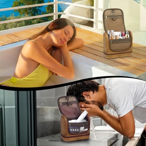 Premium Leather Hanging Toiletry Bag for Men and Women, Waterproof Travel Organiser with 7 Separate Compartments, Compact Dopp Kit for Gym Camping and Daily Grooming — view 3