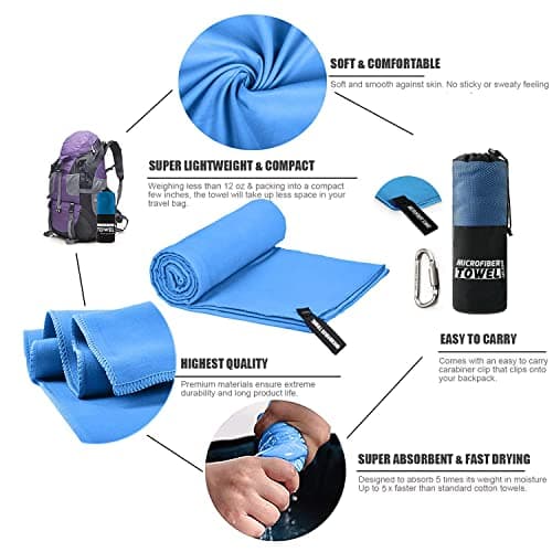 Microfiber Travel & Sports Towel Set - Quick Dry, Super Absorbent, Compact, Lightweight - for Camping, Backpacking, Hiking, Beach, Yoga, Swimming - Includes 2 Sizes + Carrying Bag & Clip (Blue) — view 2