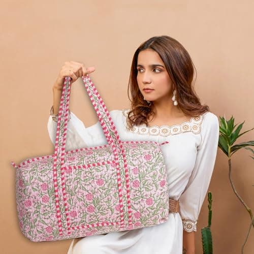 LKGSM Handmade Cotton Quilted Weekender Bag, Floral Indian Print Duffle, Bohemian Overnight Travel Tote for Women, Large Carry-on Luggage, Floral Gym Bag, D, 20x10x10 inches, New Design — view 2