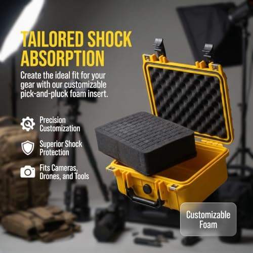 MEIJIA IP67 Waterproof Hard Protective Case,Compact Hard Camera Case,Small Hard Case with Customizable Foam, Fit Use of Drones,Camera,Lens(10.62 x9.68x4.87inches,Yellow) — view 6