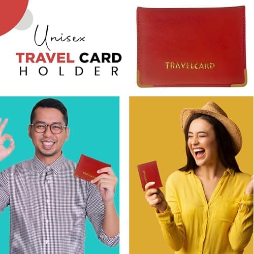 FATASH Travel Card Holder, PU Leather Oyster Card Cover, Bus Pass, Rail Ticket, Photo ID Wallet with 4 Pockets, Compact & Slim Unisex RFID Blocking Credit Card Case for Men, Women & Kids - Red — view 2