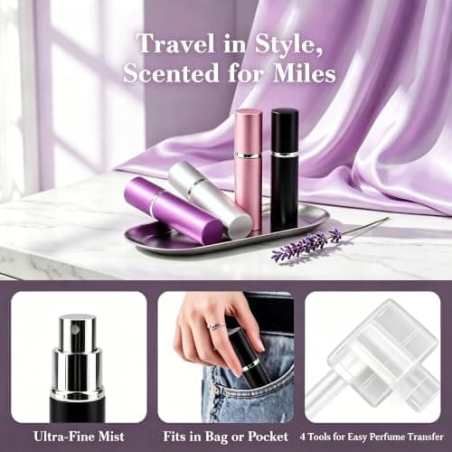 rietegio 10ML Perfume Atomiser 4Pcs Refillable Travel Spray Bottle Portable Empty Perfume Dispenser Mini Atomizer for Purse, Handbag, Pocket and Luggage (Black Silver Pink Purple) — view 5