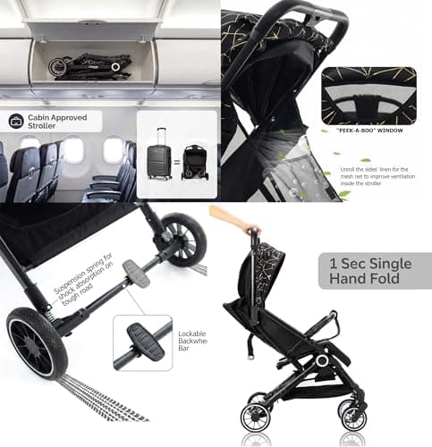 Lightweight Stroller, Baby Pushchair, Compact Travel Buggy, Up to 22kg, One Hand Foldable, Upgraded Wheels, Four Seasons Stroller, Foot Cover, Cabin Approved (Black Golden Net) — view 6