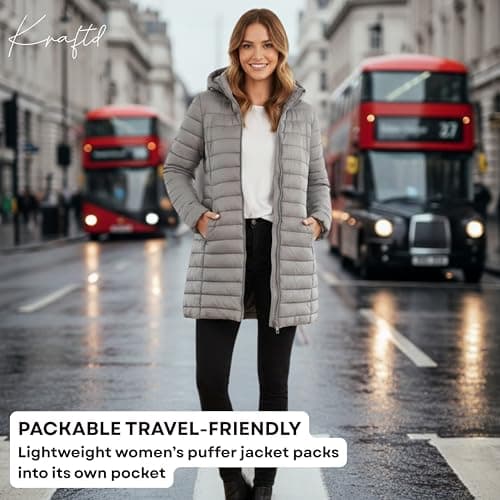 kraftd Womens Winter Lightweight Puffer Jacket Quilted Padded Down Coat With Detachable Hood Central Zip Best for Autumn Winter, Outdoors & Travelling (Grey, 16) — view 2