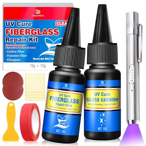 UV Cure Fiberglass Repair Kit, 15g+15g Clear for Carbon Fiber, Polyester Fiber,Fiberglass- Ideal for Repairing Cracks,Holes In Boat,Jet Ski, Yacht, Surfboard And Other Water Vehicles