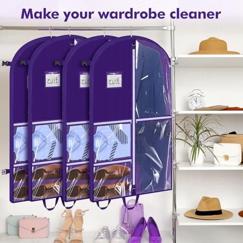 Hejo Dance Costume Bag with Compartments, 110×60cm Foldable Dance Costume Bag, Travel Garment Bag with 5 Clear Zipper Pockets, Waterproof Suit Cover, Suit Carrier for Coat Jacket Dress(Purple) — view 6