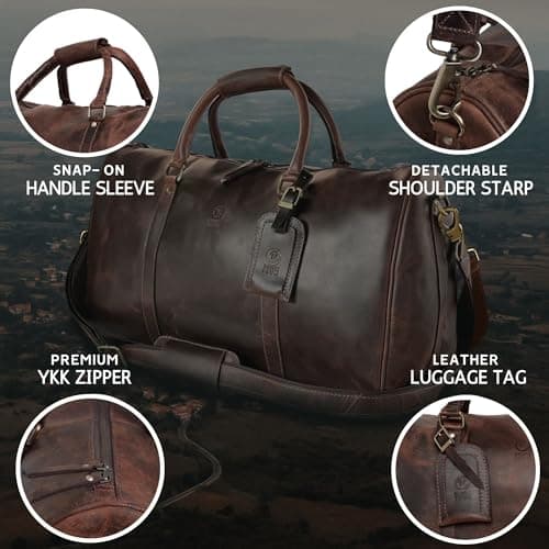 Leather Holdall Bags for Men - Travel Overnight Duffle - Weekend Carry On Suitcase - Underseat Flight Cabin Duffel Bag, Mulberry — view 5