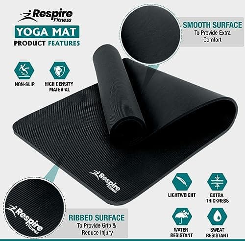 Respire Fitness Yoga Mat for Men and Women, 185 x 57 cm, Thick Cushion with Smooth and Ribbed Surfaces, Non-Slip Sweat Resistant Material for Pilates, Stretching, Fitness, and Meditation (Black) — view 2