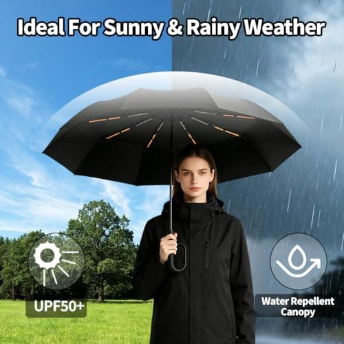 NKFBEV Travel Umbrella with Carabiner Handle, Windproof Umbrella for Rain and Sun, 10 Ribs, Auto Open Close, UV Protection, Compact Portable, Travel Umbrella Compact for Women Men Kids (Black) — view 3