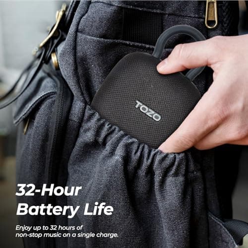 TOZO PE1 Portable Bluetooth Speakers with Adjustable Carabiner, Mini Bluetooth Wireless Shower Speaker with IPX8 Waterproof, 32H Playtime Punchy Bass Audio Speaker for Home, Outdoor and Travel, Black — view 4