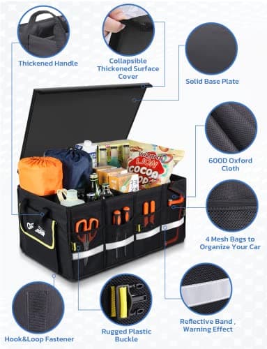 Oasser Car Boot Organiser 55L with Foldable Cover, 3 Compartments, Black — view 4
