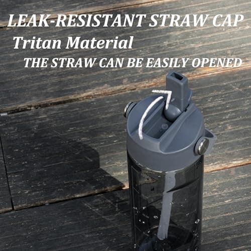 GOPPUS 600ml/20oz Clear Water Bottle with Straw, Tritan Leakproof Sports Drinking Bottle, BPA Free Wide Mouth Gym Bottle with Handle and Measurement Marks for School, Gym, Travel (Grey) — view 3