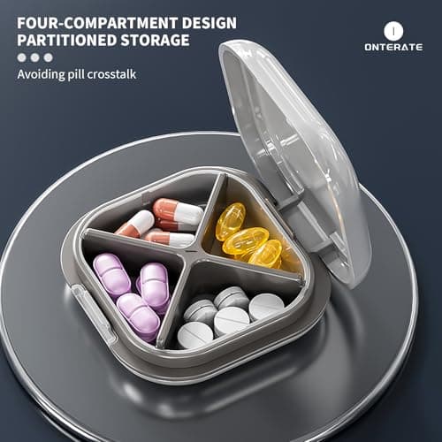 ONTERATE Small Pill Case, Travel Pill Box with 4 Compartments, White Grey — view 3