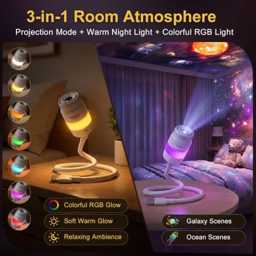 HD Smart Dynamic 5D Holographic Night Light Projector, Smart HD with 13 Films, 3-in-1 USB Plug & Play 360° Adjustable Ceiling Projector for Bedroom, Car & Ocean Starry Sky — view 5