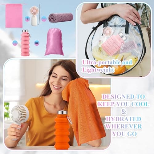 Wovnet 16 Set Theme Park Necessities Cruise Ship Accessory Kit Collapsible Water Bottle Cooling Towel Fan Drawstring Bag for Summer Amusement Park Outdoor Team Travel Cruise Gift Fitness Sport Favor — view 5