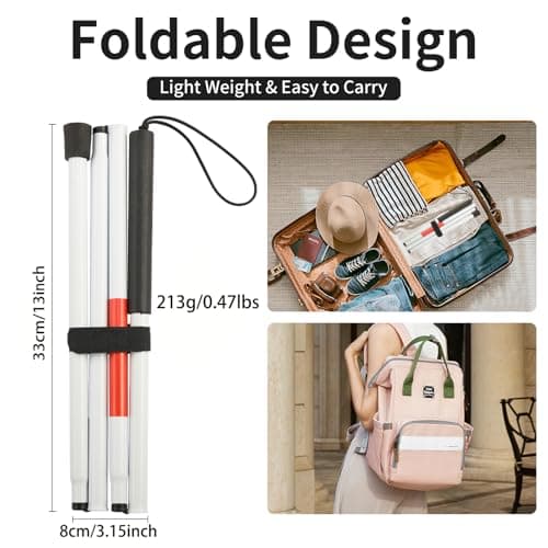 Blind Stick, 135cm/53in White Cane, Aluminium Alloy Folding Walking Stick Reflective Walking Cane Red White Collapsible Guide Walking Stick with Strap for The Blind And Vision Impaired — view 2
