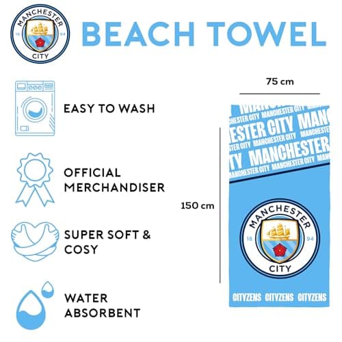 Character World Manchester City Towel | Super Soft Feel, Badge Football Club Design | Perfect for Home, Bath, Beach & Swimming Pool | One Size 75cm x 150cm | 100% Cotton — view 2