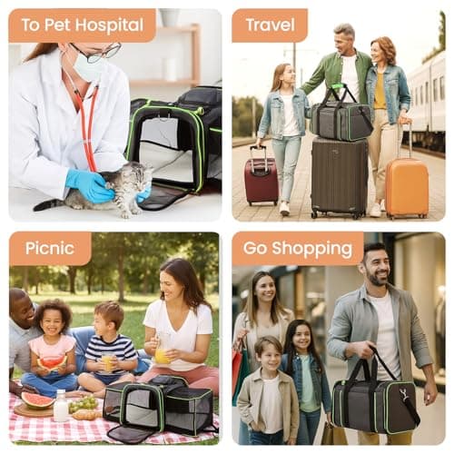 Soft Sided Portable Cat Carrier with Extendable Space & Fleece Bed Foldable Pet Carrier for Cats/Small Dog/Bunnies With Adjustable Shoulder Strap & Removable Mat (Green) — view 5