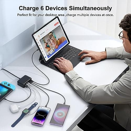 USB C Charger, 100W Multi USB Desktop Charger, Type C 6-Port GaN USB C Fast Charger, Portable USB Travel Charging Station Compatible with iPad iPhone 16 15 14 13 12 Pro Max Pixel Note Galaxy 5ft Cord — view 4