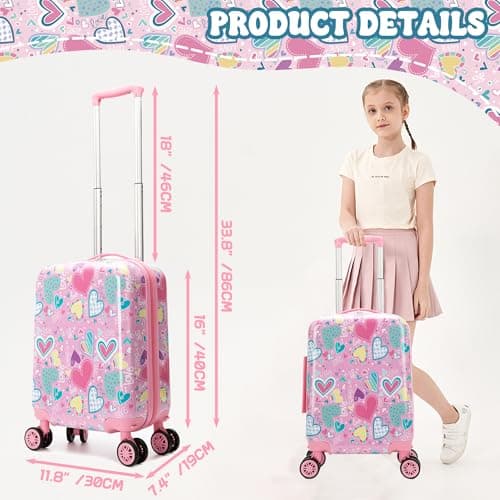 HTgroce 2 Pcs Children's Suitcase, Travel Suitcase for Children with Travel Pillow, Luggage Tag, Suitcase for Girls with Universal Wheels, A-pink Heart, M — view 2